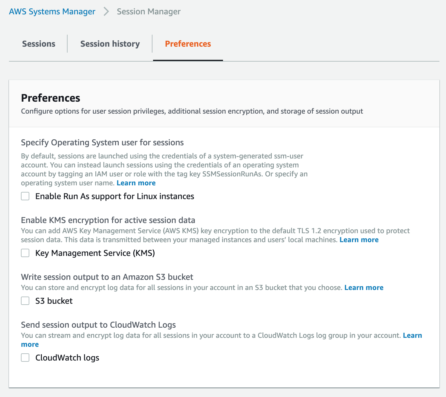 All of the current Session Manager preferences