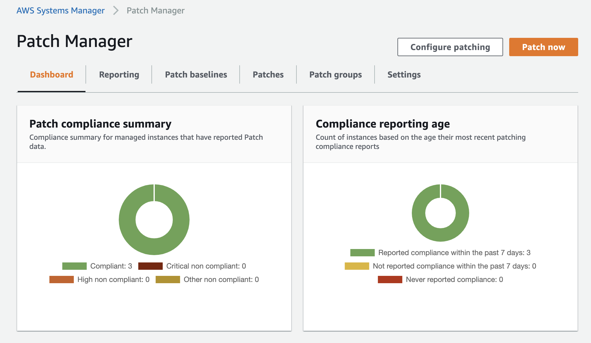 Patch Manager showing how all instances in an account are compliant