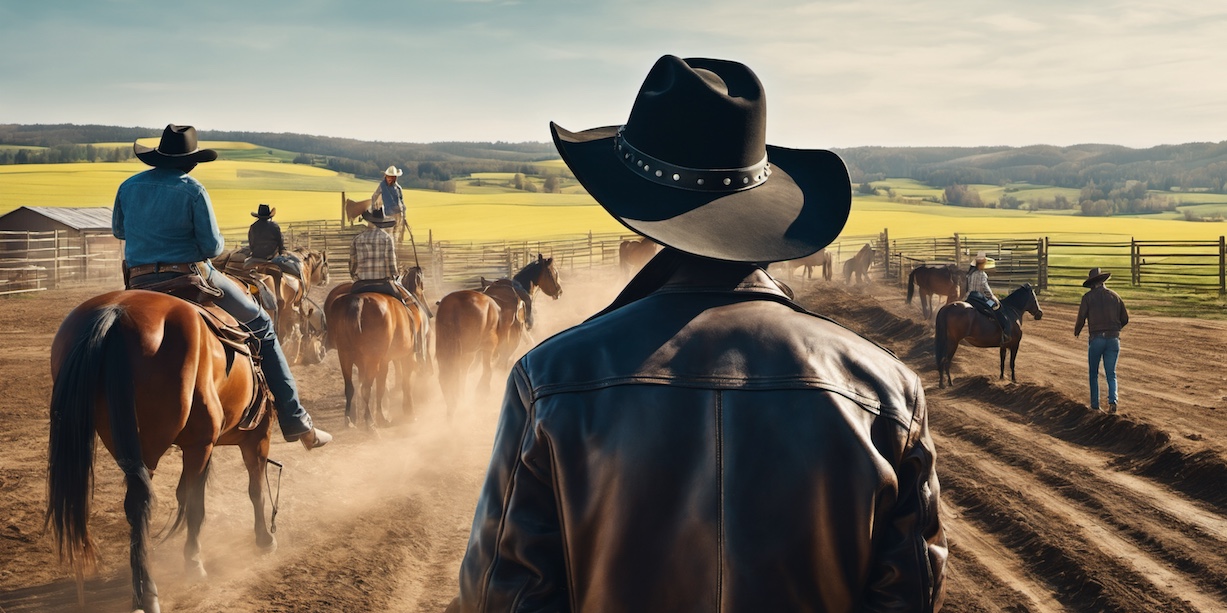 A mysterious cowboy viewed from behind, observing other cowboys riding horses on a dusty trail, symbolising interactions with the supporting cast of characters.