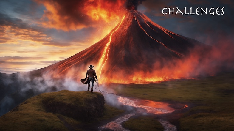 A cowboy standing bravely in front of a dramatic, erupting volcano with flowing lava, symbolising confronting major challenges.