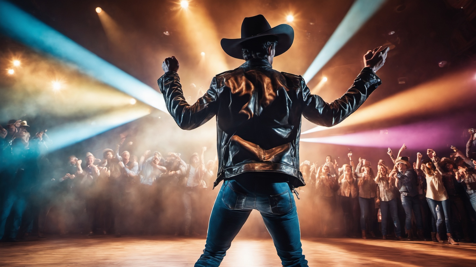 A victorious cowboy on a brightly lit stage, facing an enthusiastic cheering audience, representing successful completion and celebration.