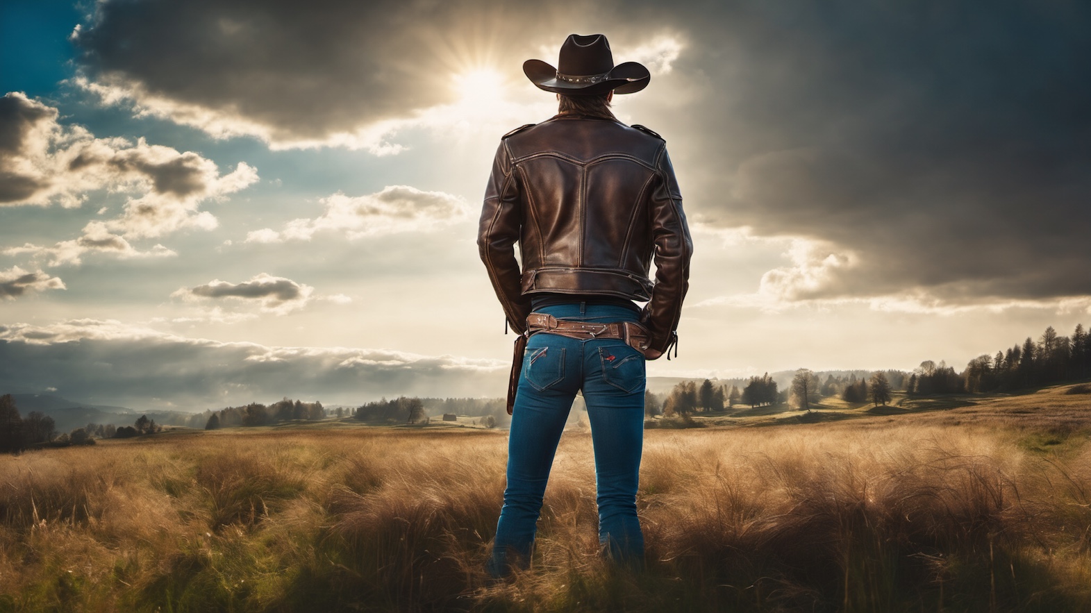 A cowboy seen from behind, confidently looking out over a sunny rural landscape with horses and ranchers, symbolising the story's hero starting their journey.
