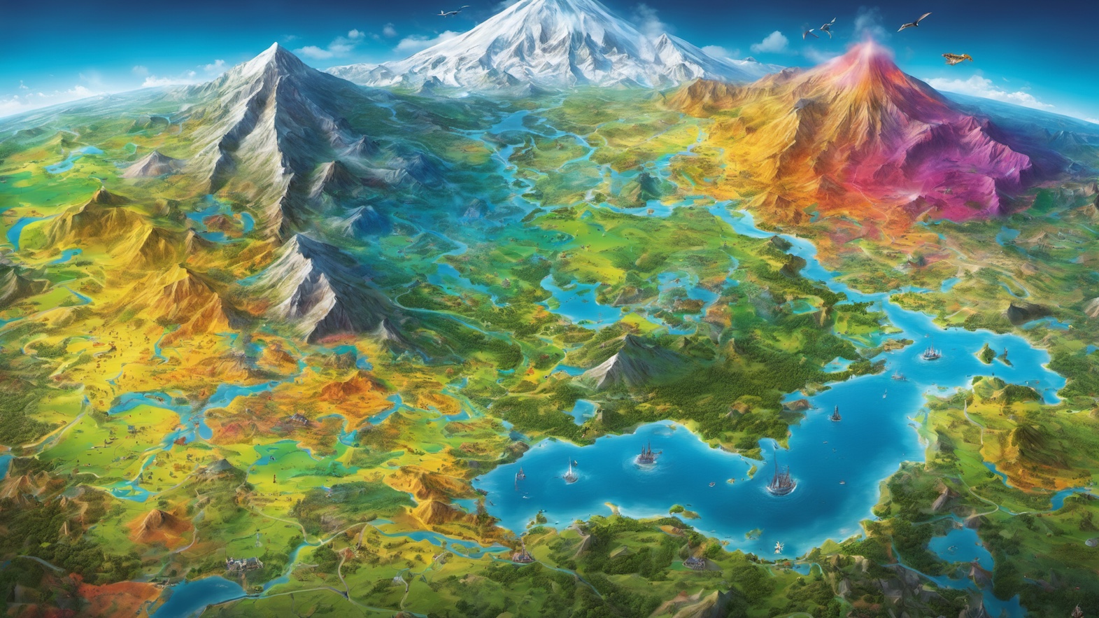 A vibrant, colourful fantasy world map featuring mountains, rivers, forests, and various terrains, representing the diverse setting of the cloud environment.