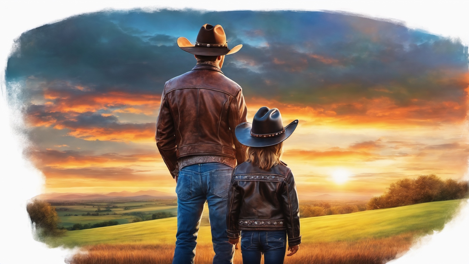 A cowboy and a young child, viewed from behind, standing side by side watching a hopeful sunrise, symbolising a new beginning or sequel.