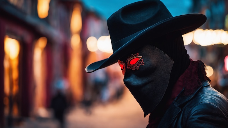 Close-up of a mysterious cowboy wearing a dark hat and a mask with glowing red eyes, representing the antagonist or villain in the cloud story.