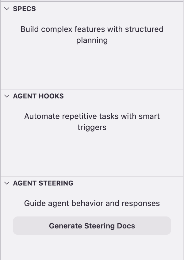 The Kiro sidebar, waiting for you to start your project